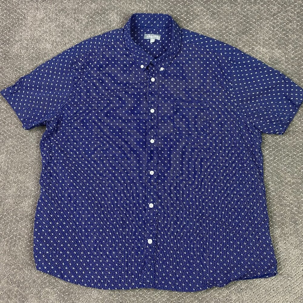 Ash & Erie Shirt Men's XXL Blue Geometric Ditsy Floral Leaf Button Short Sleeve